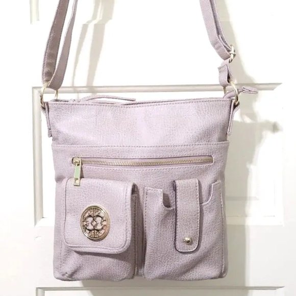 NEW BLUSH Gold Medium FAUX Leather Crossbody Shoulder Bag Purse Top Zip Pockets - Picture 3 of 13